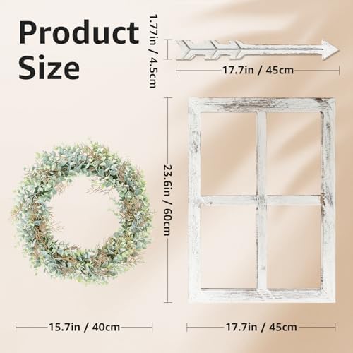 WAKOSAN Rustic Wood Window Frame Wall Decor with Wreath & Arrows - Image 2