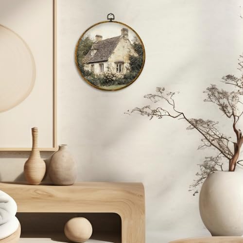 CUANFDDSF Vintage Rustic Countryside Round Wall Art, Retro Farmhouse Framed Hanging Wall Decor, Cottagecore Antique Country Landscape Canvas Prints Decorations for Home Bedroom Living Room, 10x10 Inch - Image 2
