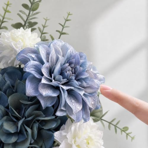 17.9" Blue Faux Flowers in Glass Vase Hydrangea Dahlias Bouquet Farmhouse - Image 3