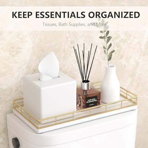 Toilet Paper Basket Organizer, Oak Wood Toilet Tank Tray with Metal Frame - Image 3