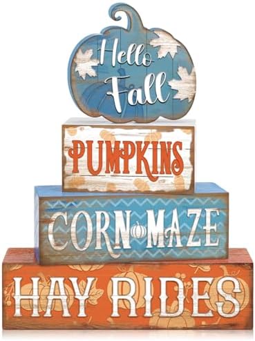 4 Pcs Fall Blue Pumpkin Decor for Home Hello Fall Wooden Signs with Blessed by Quzzil