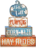 4 Pcs Fall Blue Pumpkin Decor for Home Hello Fall Wooden Signs with Blessed by Quzzil