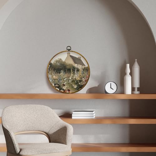 CUANFDDSF Vintage Cottagecore Farmhouse Round Wall Art, Rustic Countryside Garden Framed Hanging Wall Decor, Retro Country Landscape Canvas Prints Decorations for Home Bedroom Living Room, 10x10 Inch - Image 3