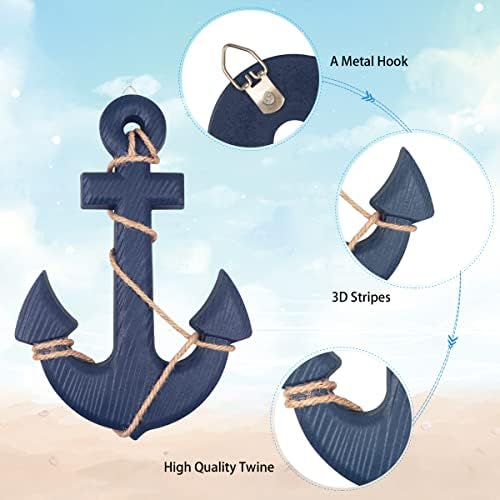 2 Pack 11" Nautical Beach Wooden Ship Wheel and 13" Wooden Anchor with Rope Nautical Boat Steering Wheel Rudder Anchor Wall Art Decor Door Hanging Ornament Beach Theme Home Decoration(Blue) - Image 4