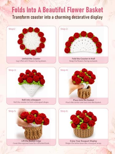 Crochet Flower Bouquet Coasters, Cotton Rose Gifts for Home Decor 1Pc - Image 3