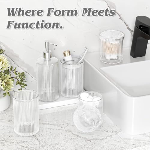BSSN Glass Bathroom Accessories 5 Pcs, Clear Bathroom Set, Soap Dispenser, Toothbrush Holder Set, Tumber, Qtip Holder Set, Vintage Bathroom Sink Set, Cute Bathroom Decor - Image 2