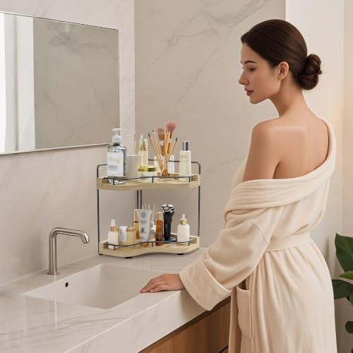 2-Tier Corner Bathroom Counter Organizer for Storage, Light Brown - Image 7