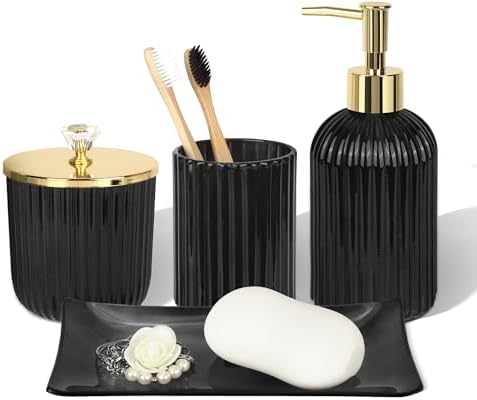 Designer Black Glass Bathroom Accessories Sets - 4 Pcs with Lotion Soap Dispenser, Bathroom Toothbrush Holder, Vanity Tray, and Apothecary Jar, Vintage Bathroom Decor, Gift Countertop Organizer by KUKIKAN