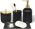 Designer Black Glass Bathroom Accessories Sets - 4 Pcs with Lotion Soap Dispenser, Bathroom Toothbrush Holder, Vanity Tray, and Apothecary Jar, Vintage Bathroom Decor, Gift Countertop Organizer by KUKIKAN