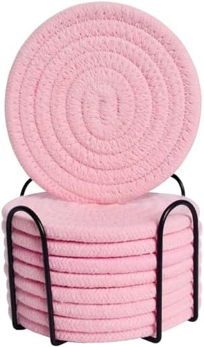 ABenkle 8 Pcs Drink Coasters with Holder, Cotton Woven Absorbent Coasters for Drinks, Minimalist Home Decor Coaster Set for Wooden Tabletop Protection Table, 4.3 inches Bright Pink by ABenkle