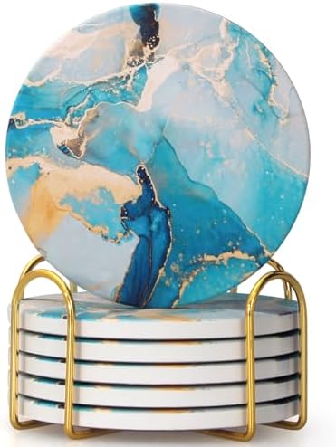 6 Pcs Light Blue Marble Abstract Ceramic Coasters with Holder for Table by Dksyee