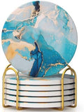 6 Pcs Light Blue Marble Abstract Ceramic Coasters with Holder for Table by Dksyee