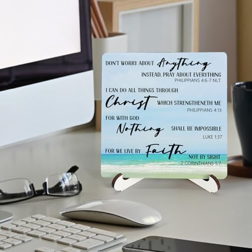 Beach Christian Bible Verse Wooden Sign Desk Decor, Christian Faith Based Gifts Wood Plaque Sign With Stand for Beach Lake House Home Office Desk Table Shelf Decoration, 5x5 Inch - Image 2