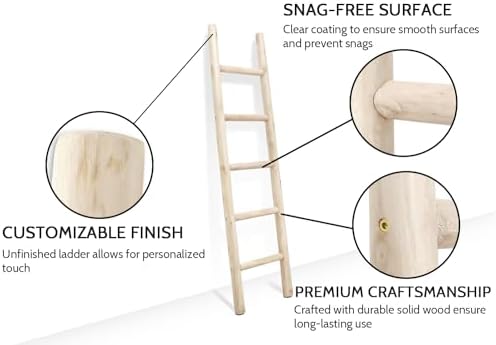 FUIN Blanket Ladder, 57in Rustic Solid Wood Decorative Ladder, Natural - Image 3