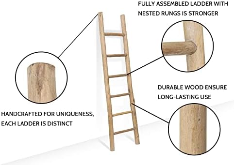 FUIN Blanket Ladder, 6ft Rustic Solid Wood Decorative Ladder, Brown - Image 3