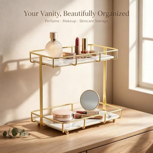 Bathroom Organizer Countertop Perfume Organizer Makeup Organizer Cosmetics Storage Display Rack Vanity Tray Dresser Stainless Steel Gold Shelf White Marble Ceramic Tray - Image 2