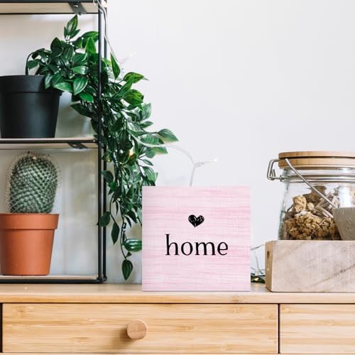 Home Sign, Home Signs for House Decor, Welcome Sign, Rustic Farmhouse Desk Decor Wood Block Box Plaque for Living Room Wall Shelf, Housewarming Gifts (Pink) - Image 2