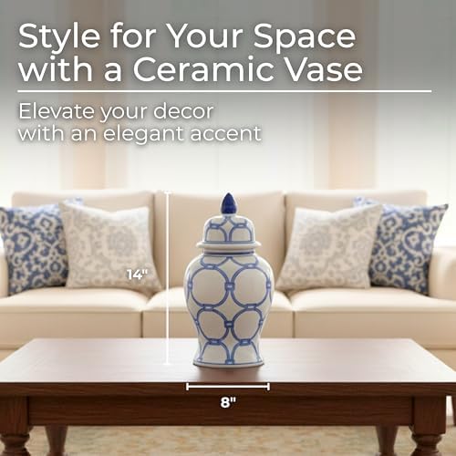 Decorative Jar with Lid Hand-Painted Pattern Stoneware Ceramic Traditional Design Home Office Bedroom Living Room Accent Decor - 14" Blue & White - Image 2