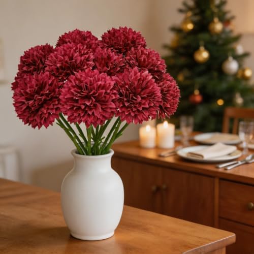 Tinsow 12Pcs Artificial Chrysanthemum Flowers Faux Bright Red Ball Flowers Burgundy Fall for Christmas Autumn Farmhouse Home Decoration (12,Bright Red) - Image 4