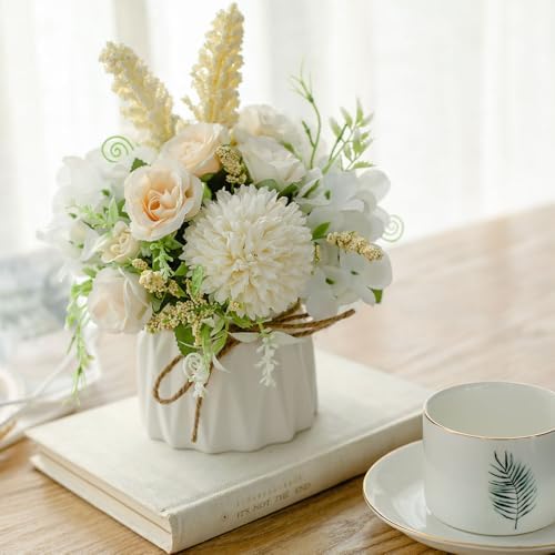 TKAS Artificial Faux Silk Fake Flowers Arrangement, Small Realistic Roses & Hydrangea in Ceramic Vase, Dining Table Centerpiece for Wedding Party Home Decoration (White) by TKAS