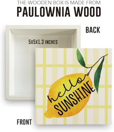 IYEZH Lemon Decor Farmhouse Lemon Wooden Box Sign Rustic Country Hello Sunshine Lemon Box Sign Wood Sign Decor Summer Square Wood Sign Home Kitchen Desk Tabletop Shelf Decor 5 x 5 - Image 2