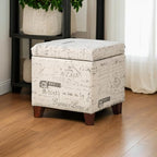 Adeco Fabric Script Pattern Cube Storage Footstool, Hinged Lid, Solid Wood Legs - Image 5