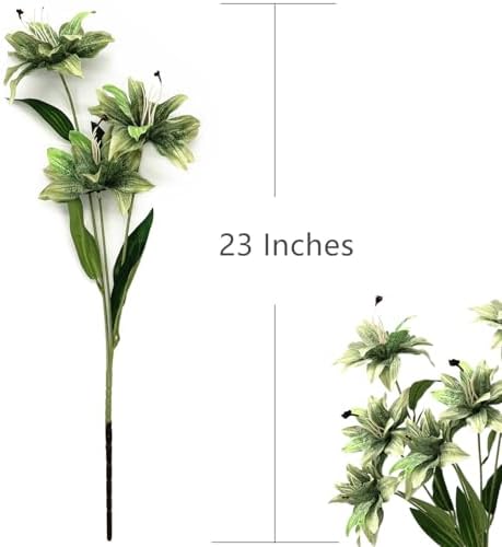 Artificial Silk Flowers Fake Lily Flower Long Stems Stargazer Lilies 4 Pack, Faux Tiger Bouquets with Full Bloom Floral Real Touch Plants for Home Kitchen Decor Wedding Party Hotel Decoration - Green - Image 5