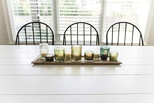 Creative Co-Op 9‑Piece Round Glass Votive Holders on Solid Paulownia Wood Tray, Green - Image 3