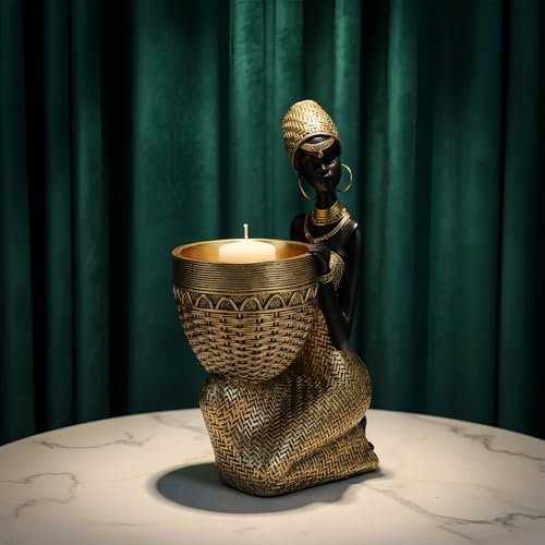 Lescafita African Tribal Woman Seated Statue with Basket - Image 4