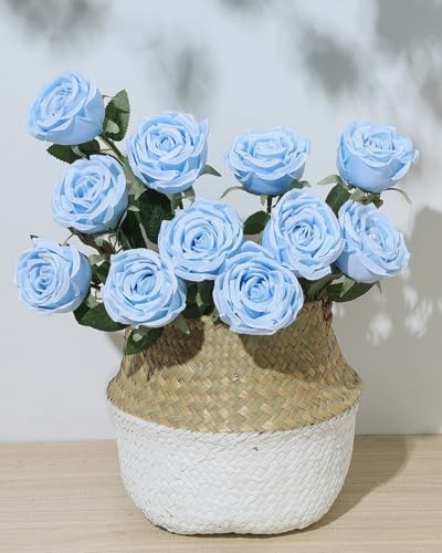 Coferset 10 Pcs Fake Silk Roses with Long Stems,Baby Blue - Image 4