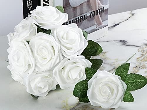 Artificial Flower Foam Rose 25pcs Real Looking Fake Rose with Stems Leaves for Home Decoration Party Garden Centerpieces DIY Wedding Bouquets（White） - Image 6