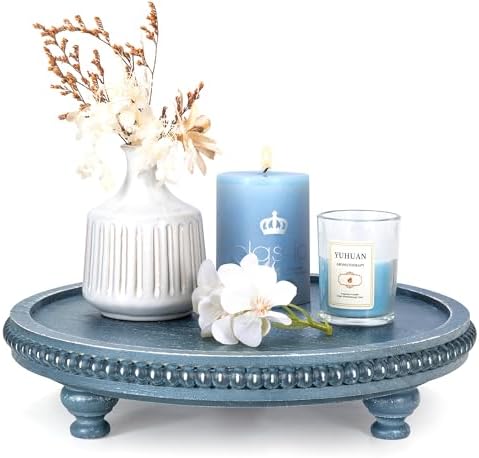 EOSAHR Round Wood Riser for Kitchen Counter, Beaded Decorative Tray, Blue by EOSAHR