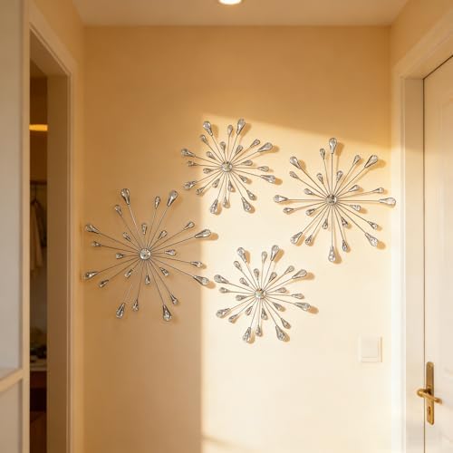 ZEXUIRU 4 Set Silver Starburst Wall Art for Home Decor Metal Bling Crystal Rhinestones Sunburst Wall Decor Sparkling Rhinestone Art Accent -Silver 13in/11.8in/9.8in/9.8in - Image 6