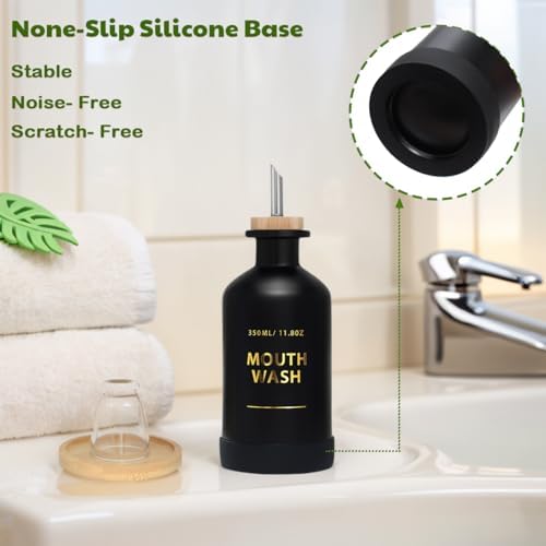Mouthwash Dispenser for Bathroom 11.8oz – Glass Mouthwash Bottle with Cup & Bamboo Tray, Gold Hot-Stamped Lettering, Silicone Base, Modern Bathroom Accessory (Black) - Image 5