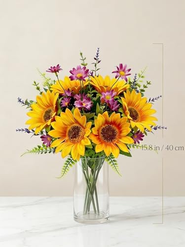 Artificial Sunflower Bouquet with Wildflowers, Silk Fall Cemetery Flowers Arrangement for Vase, Faux Sunflowers Table Centerpiece for Home Kitchen Office Wedding Party Grave Decor - Image 6