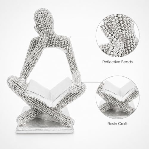 Sparkling Silver Reading Women Statue, Abstract Resin Thinker Sculptures - Image 2