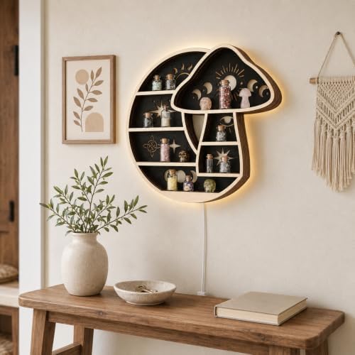 Crescent Moon Floating Shelf with LED Light, Whimsical Mushroom Wall Decor - Image 6