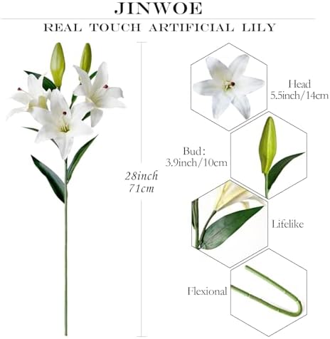 JINWOE 2 Pcs White Stargazer Lily Artificial Flowers, 28" Long Stem Faux Latex Tiger Lily for Home Garden Kitchen Table Flower Arrangement Decor - Image 4