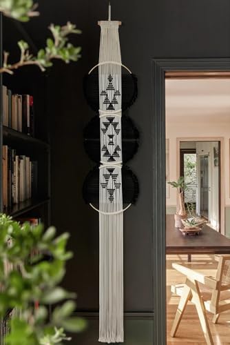 Macrame Wall Hanging Black White Modern Wall Art Geometric 11.8"W*64"L - Image 2