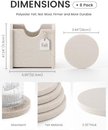 Fluxynara Felt Coasters with Holder, Set of 8 for Drinks, Oatmeal - Image 2
