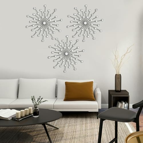 ZEXUIRU 3 Set Black Starburst Wall Art for Home Decor Metal Bling Crystal Rhinestones Sunburst Wall Decor Sparkling Rhinestone Art Accent Black - 13in - Image 4