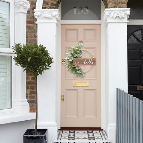 Green Wreath for Front Door, Wood Bead Wreaths with Artificial Lambs Ears Leaves, Hello and Welcome Door Sign Wreath for Home Decor, Spring Summer Green Leaf for Wedding Decor - Image 5