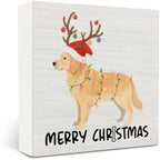 Golden Retriever Merry Christmas Wooden Box Sign Desk Decor, Gifts for Golden Retriever Lovers, Christmas Dog Wood Block Sign for Home Office Desk Table Shelf Wall Decorations, 5x5 Inch by OVAcational