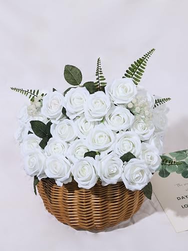 Coferset 50pcs Velvet Artificial Roses Flowers in Bulk,Ivory White - Image 3
