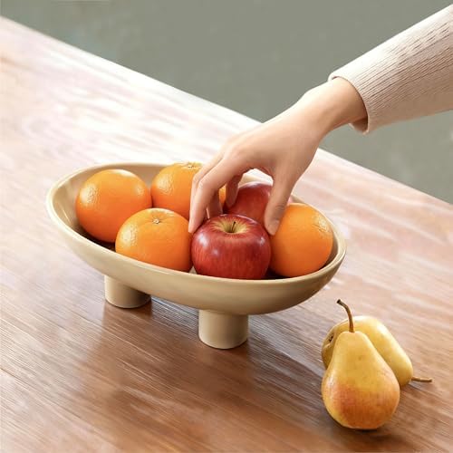 Three-Leg Ceramic Fruit Bowl, 10 Inch Oval Serving Dish for Kitchen Counter, Candy or Key Holder, Home Decor Accent Beige - Image 4