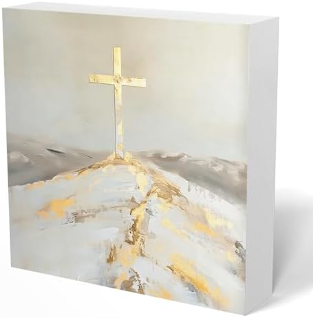 Christian Holy Cross Jesus Wooden Box Sign 5x5 Inch, Modern Neutral Gold Beige Religious Bible Verse Wood Signs for Home Office Prayer Room Desk Table Shelf Decor by Welcometowoodforest