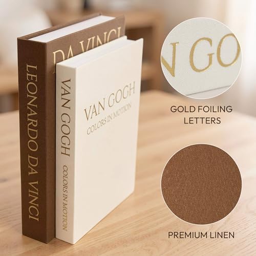 MAOBUYOU Decorative Storage Books Set of 2, Linen Cover, Gold Letters, Beige and Brown - Image 2