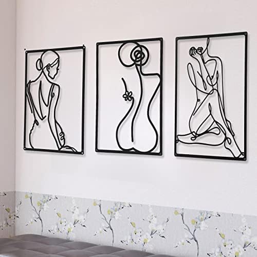 CHENGU 3 Pieces Metal Minimalist Abstract Woman Wall Art Line Drawing Wall Art Decor Single Line Female Home Hanging for Kitchen Bathroom Living Room by CHENGU