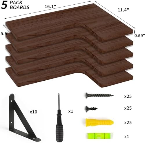 Fixwal Conner Shelves Wall Mounted for Decor, Walnut Brown Set of 5 - Image 4