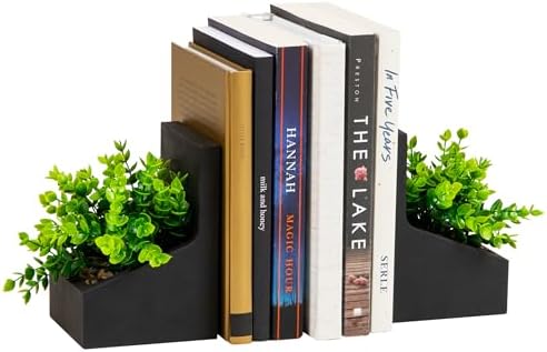 Mind Reader Contemporary Planter Bookends, Book Holders with Faux Greenery, Decorative Desktop or Shelf Organizer, Cement, Set of 2, Black by MindReader